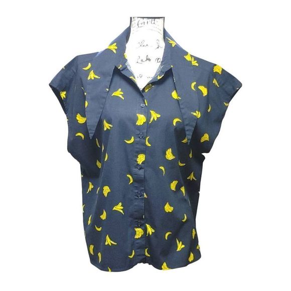 Eloquii Navy Blue Blouse Top Yellow Banana Print 14 - Picture 2 of 8